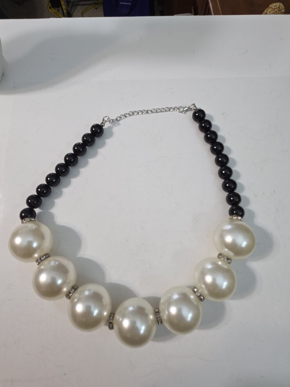 big bold oversized classic faux Pearl Black Bead Statement Necklace 18in classic